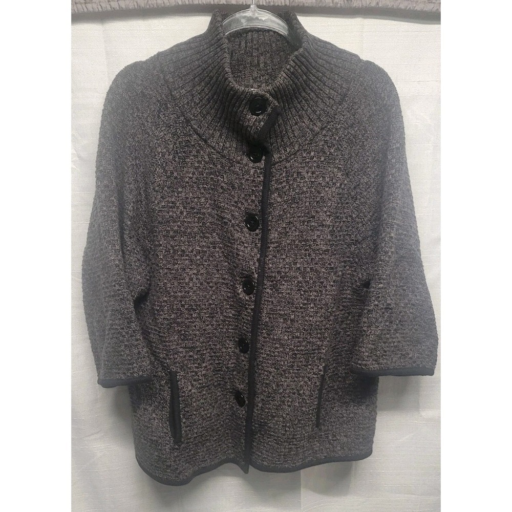 Talbots Womens Lg Waffle Knit 100% Cotton Dark Grey Sweater Jacket 3/4 Sleeve